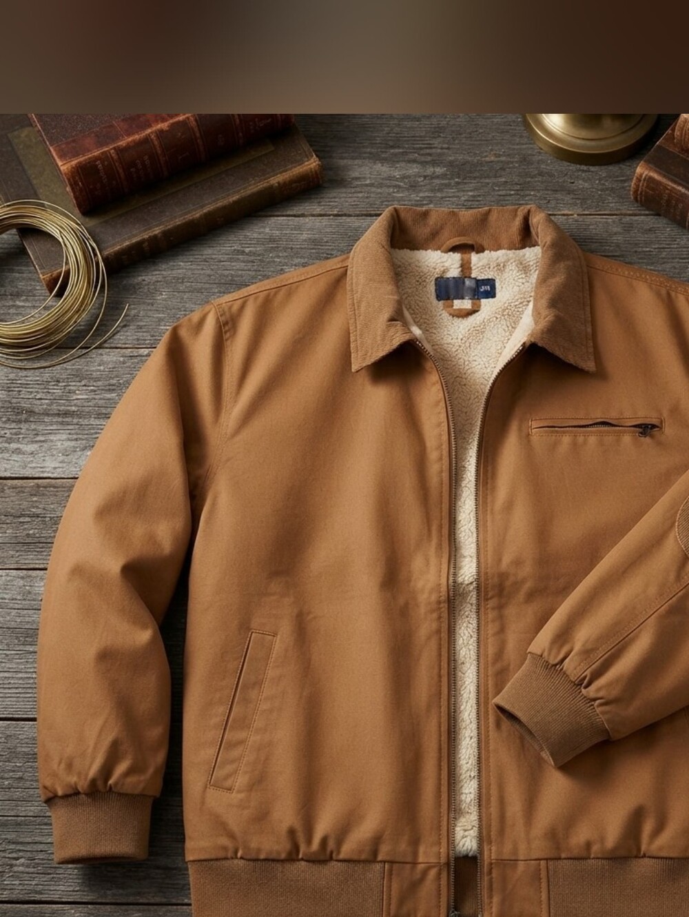 Men's Tan Bomber Jacket Size XL Sherpa Lined Corduroy Collar Elbow Patches XL
